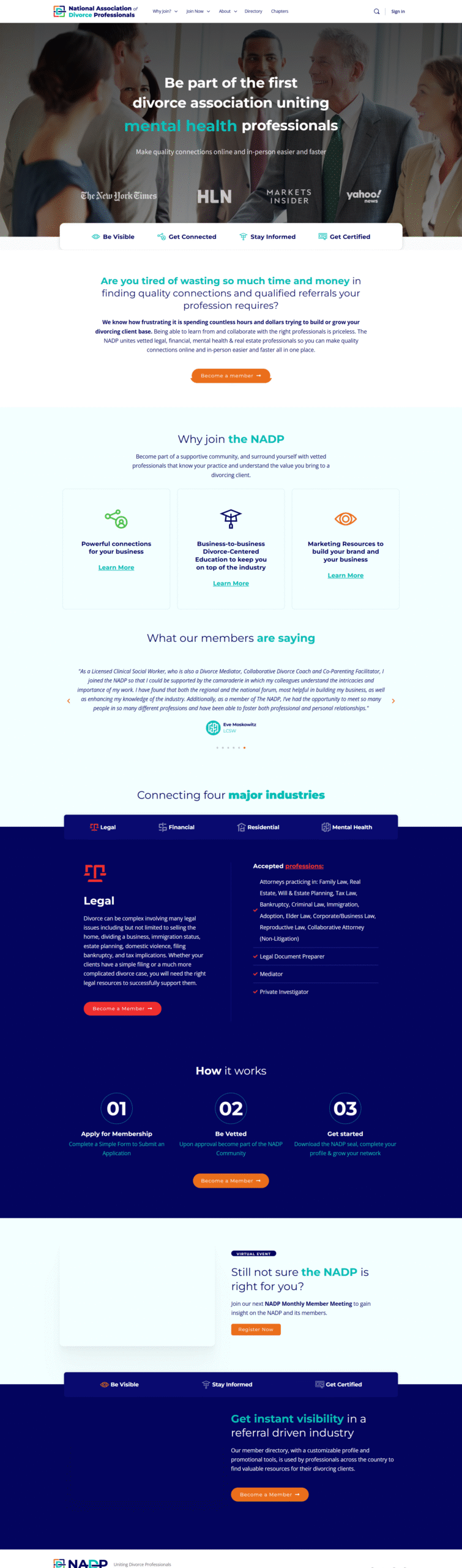 National Association of Divorce Professionals website connecting legal, financial and mental health professionals