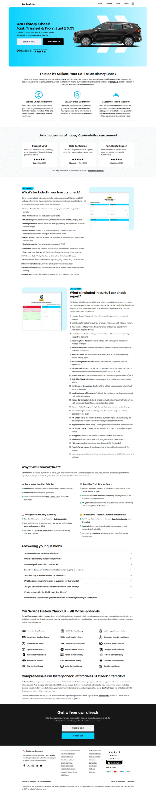 CarAnalytics car history check website showing vehicle data reports and reg check services in the UK