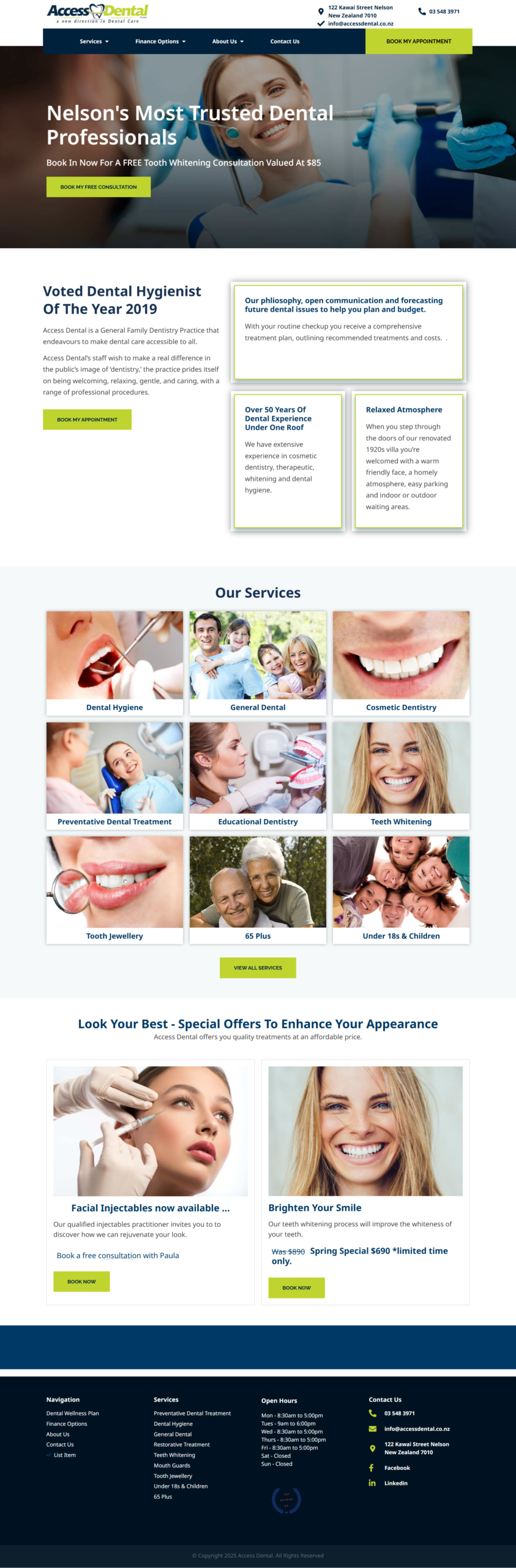 Access Dental Nelson website showcasing dental hygiene, cosmetic dentistry, and family dental services