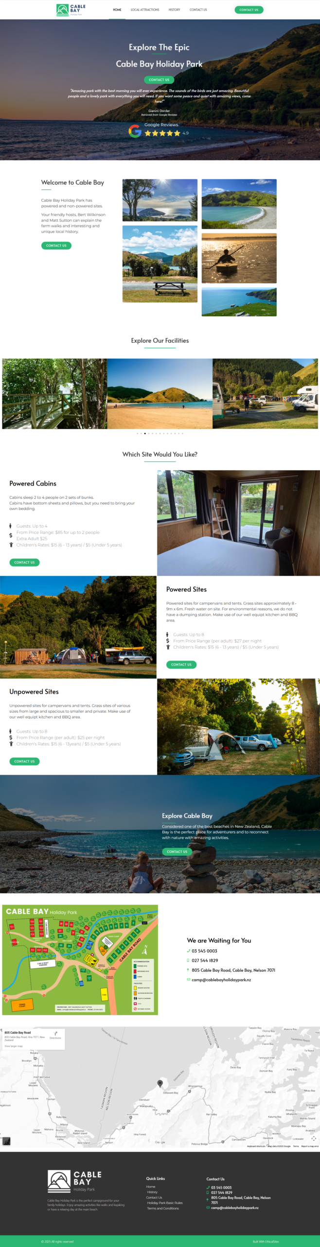 Cable Bay Holiday Park website showcasing camping, cabins, and powered sites in New Zealand
