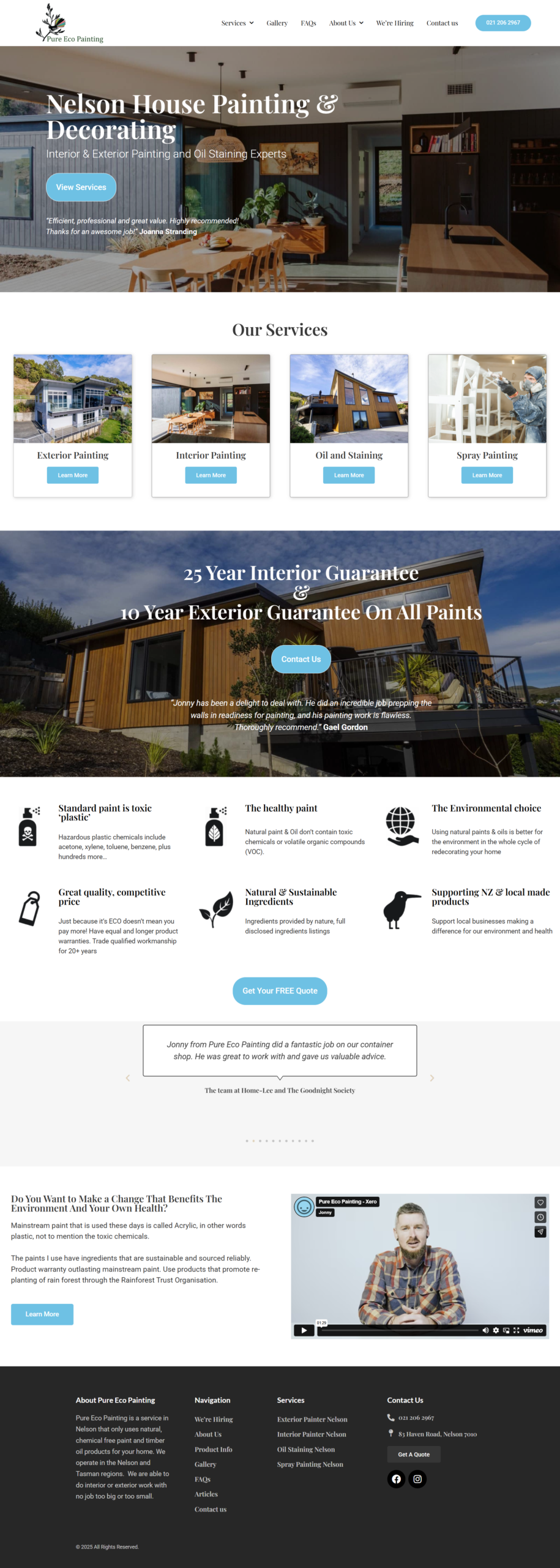 Pure Eco Painting Nelson website showcasing eco-friendly interior and exterior house painting services