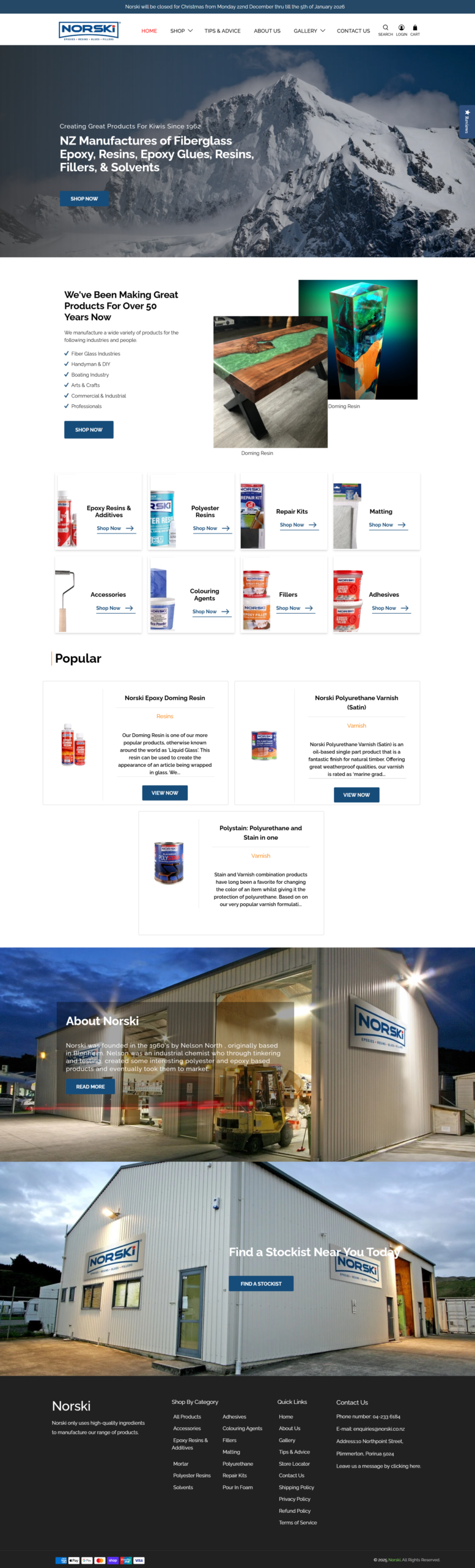 Norski Holdings corporate website showcasing epoxy resins and industrial products