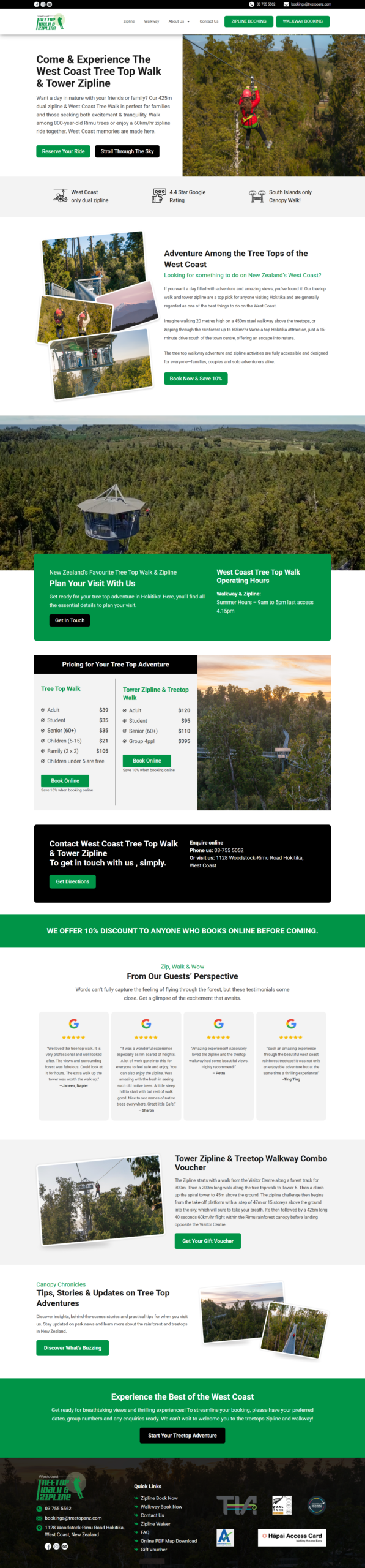 Treetops Zipline and Walkway Adventure website showcasing canopy walks and zipline experiences on New Zealand’s West Coast