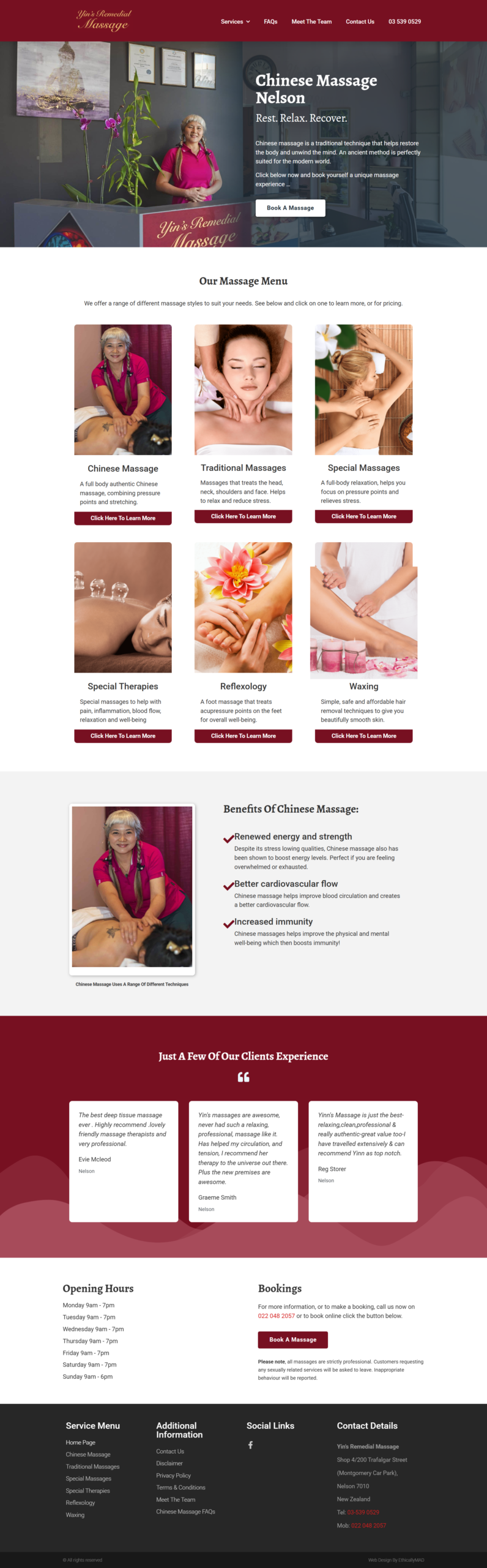 Yin’s Remedial Chinese Massage Therapy website showcasing massage and wellness services in Nelson