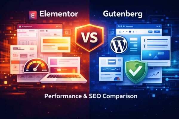 WordPress Elementor vs Gutenberg speed and SEO comparison graphic