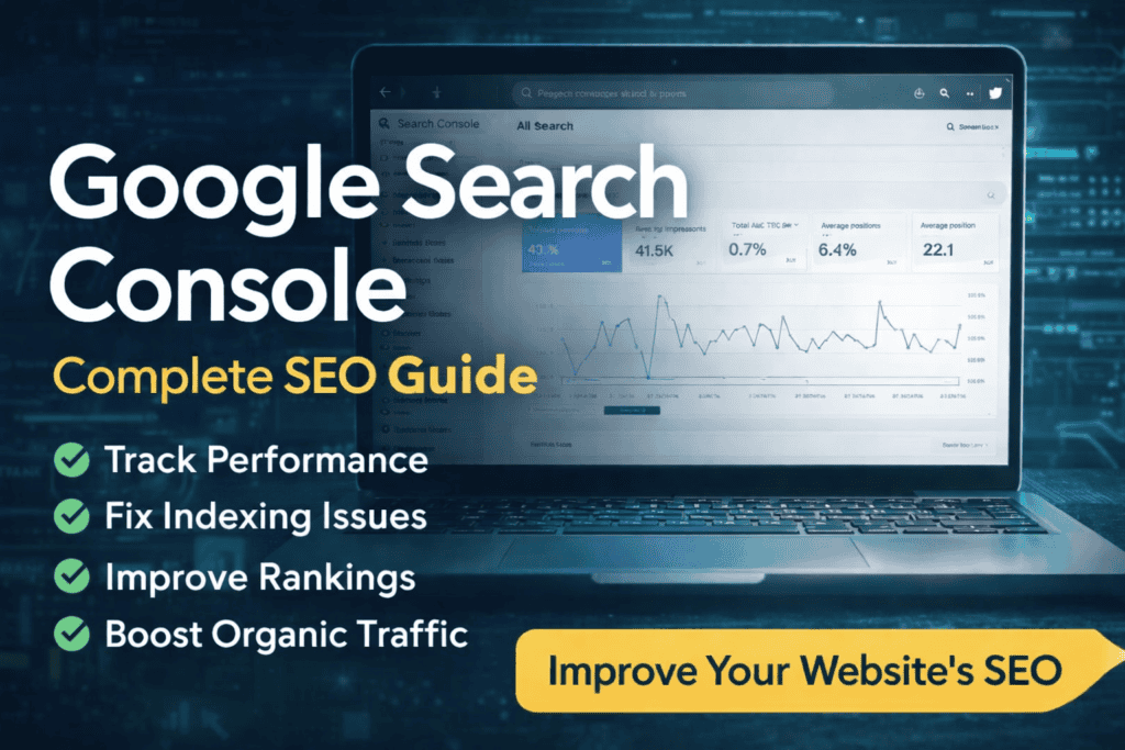 Google Search Console dashboard showing website search performance, clicks, impressions, and SEO analytics