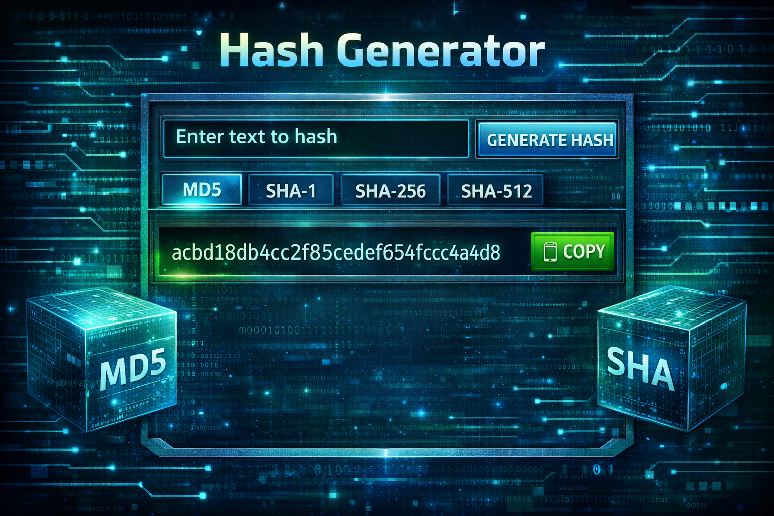 Hash generator tool displaying text input and cryptographic hash output using MD5 and SHA algorithms