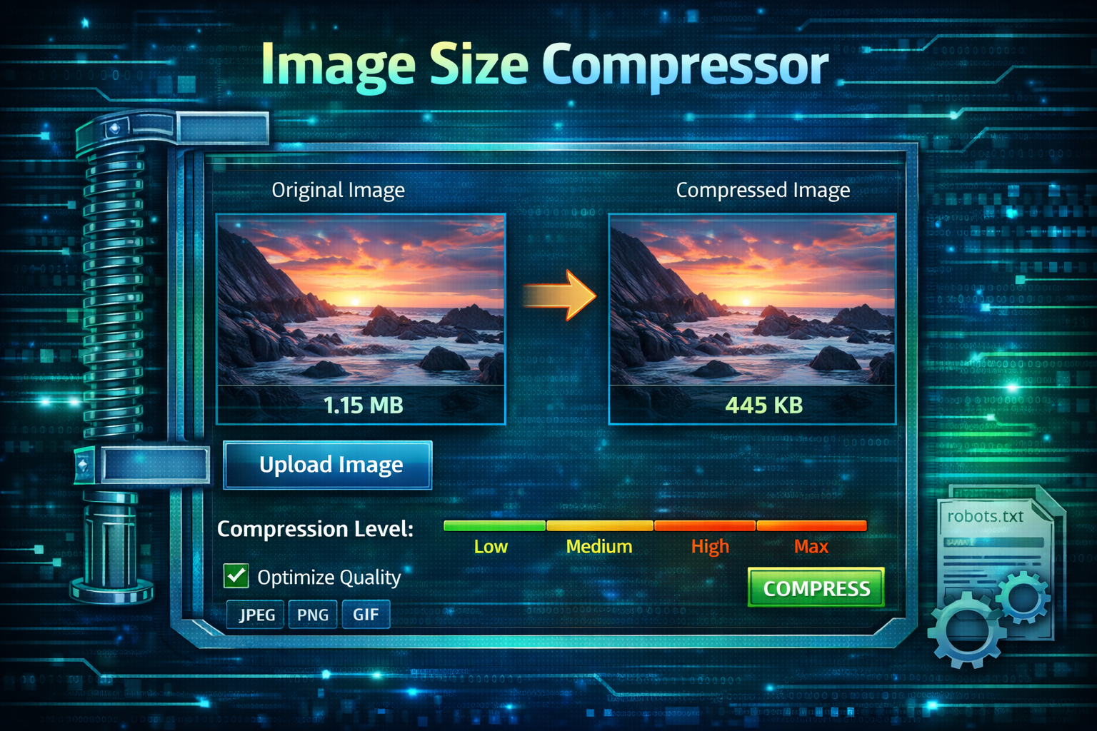 Image size compressor interface showing original and compressed image file size comparison