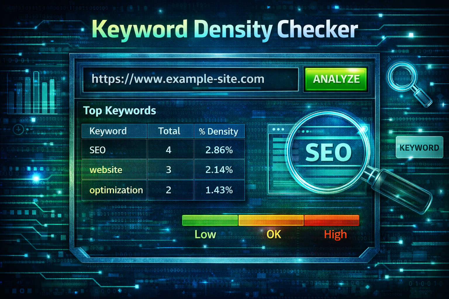 Keyword density checker interface showing keyword frequency and percentage analysis