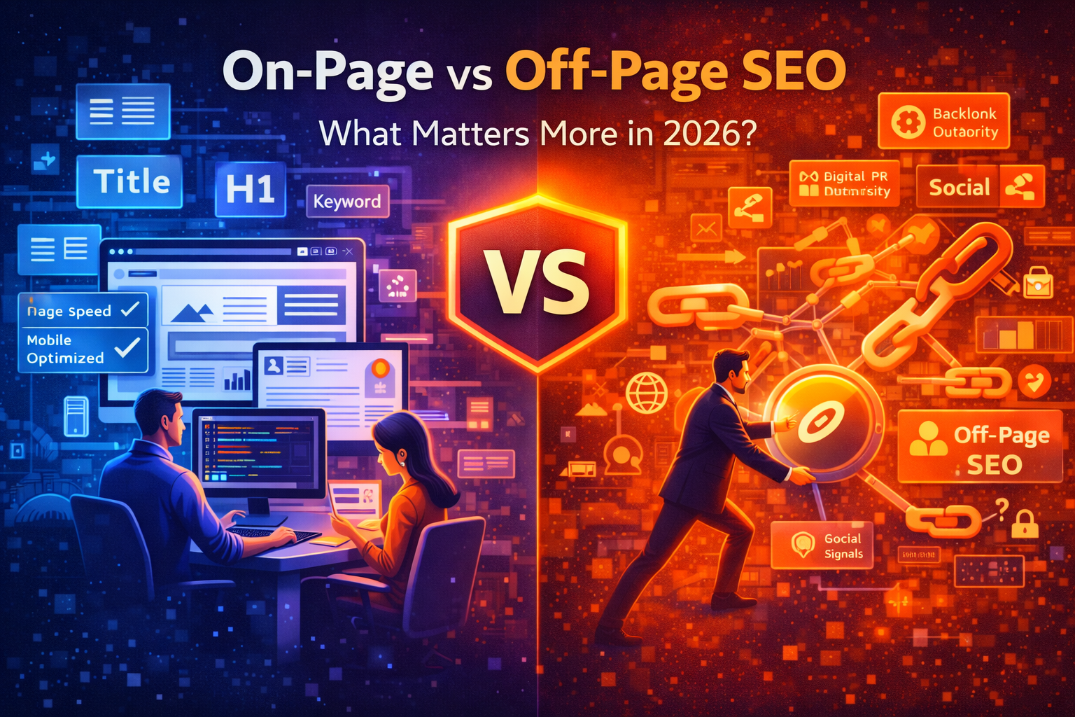 On-page vs off-page SEO comparison showing website optimization and backlink strategies in 2026