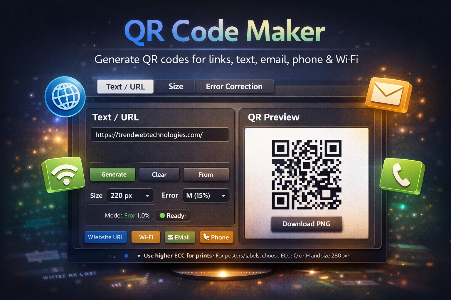 QR Code Maker tool interface showing text input, size and error correction options, and a generated QR code preview