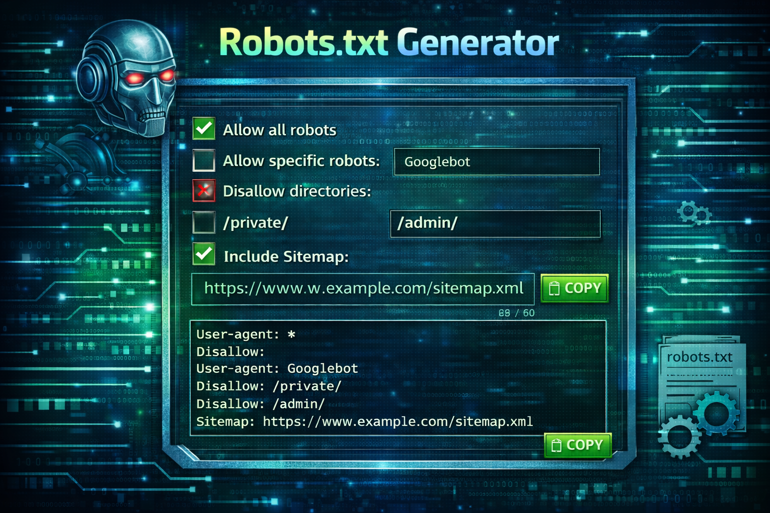 Robots.txt generator tool showing allow and disallow rules, Googlebot settings, and sitemap URL for SEO