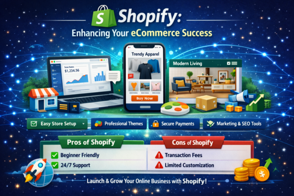 Shopify eCommerce platform illustration showing online store setup, product management, secure payments, and business growth features