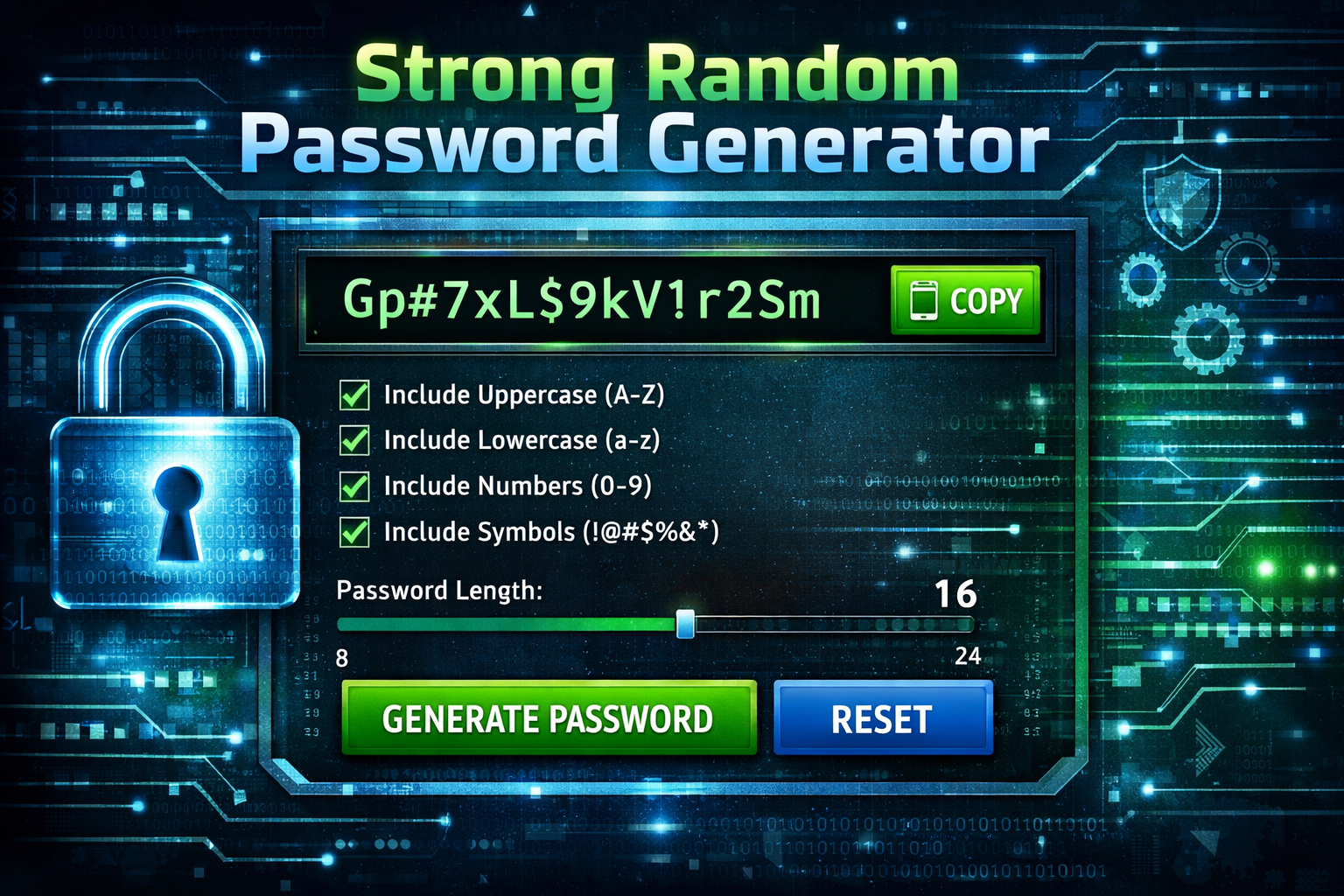 Strong random password generator interface with password strength options and secure copy button