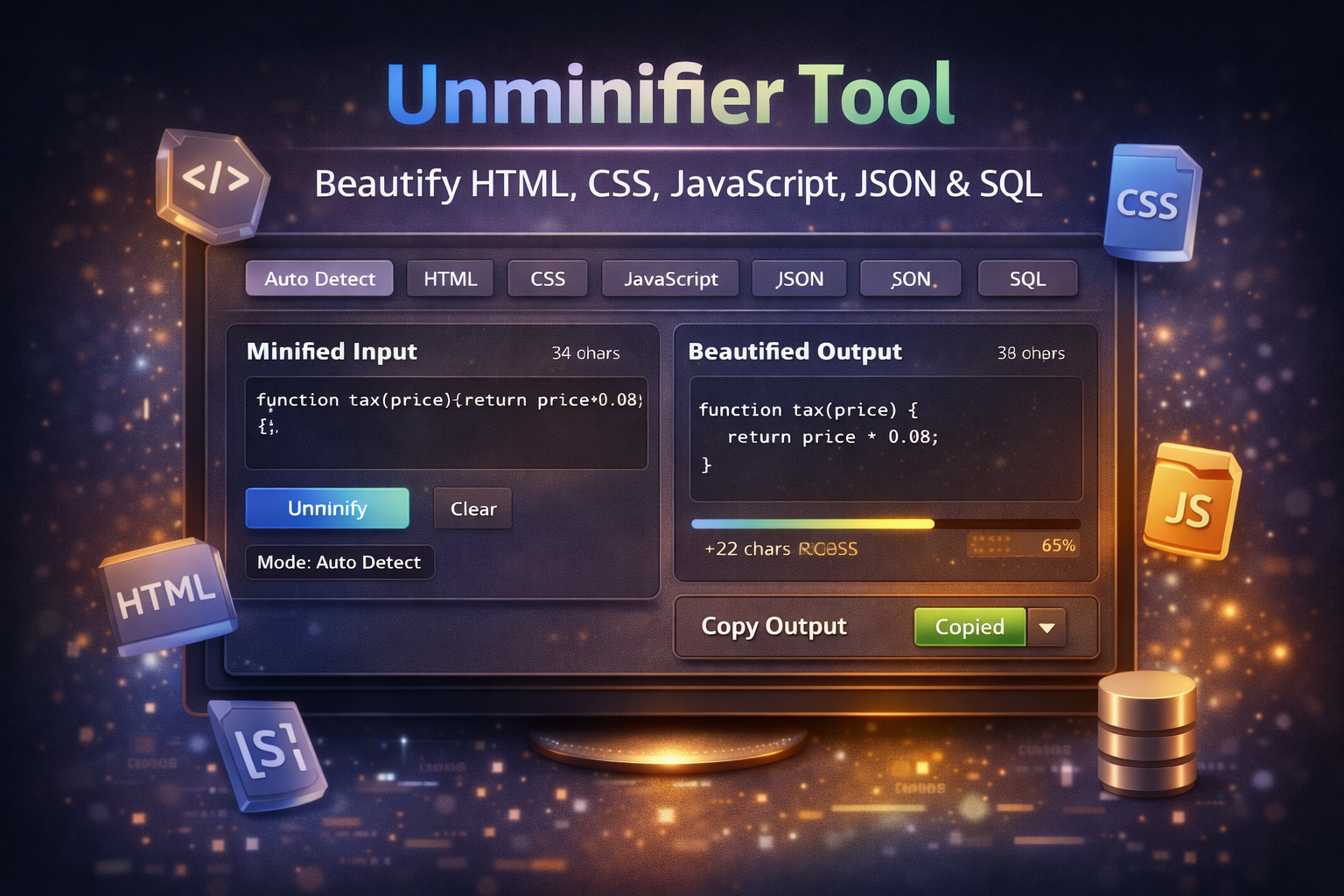 Unminifier tool interface showing minified code on the left and beautified output on the right for HTML, CSS, JavaScript, JSON, and SQL