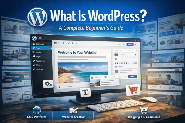 What is WordPress illustrated with the WordPress dashboard, block editor, and website creation features for beginners.