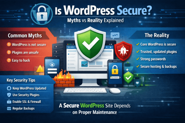 Infographic explaining WordPress security, comparing common myths with real security practices such as updates, strong passwords, secure hosting, firewalls, and backups.