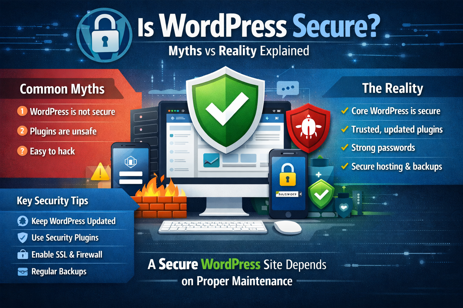 Infographic explaining WordPress security, comparing common myths with real security practices such as updates, strong passwords, secure hosting, firewalls, and backups.