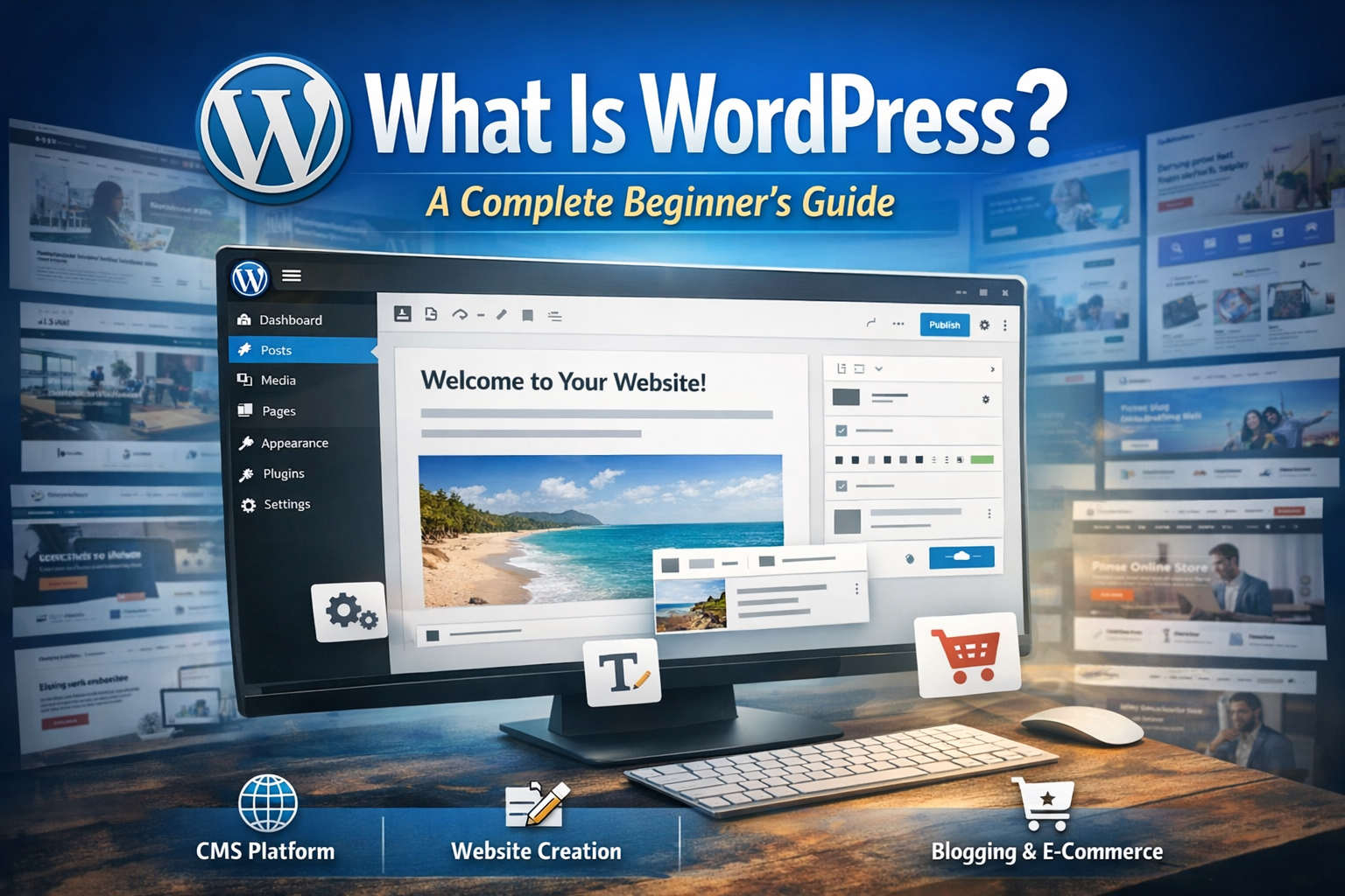 What is WordPress illustrated with the WordPress dashboard, block editor, and website creation features for beginners.