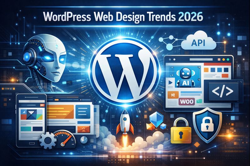 WordPress web design trends 2026 with AI, mobile optimization, page builders, security, and modern website features