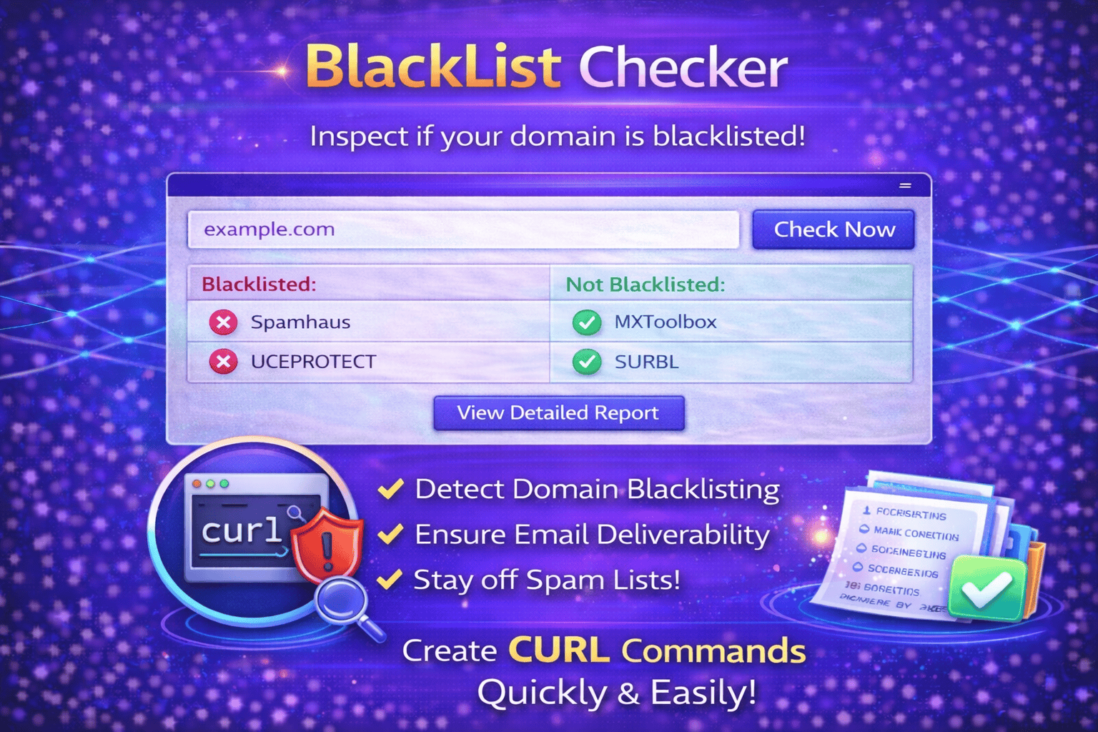 Blacklist Checker tool scanning IP address and domain against spam blacklists and security databases.