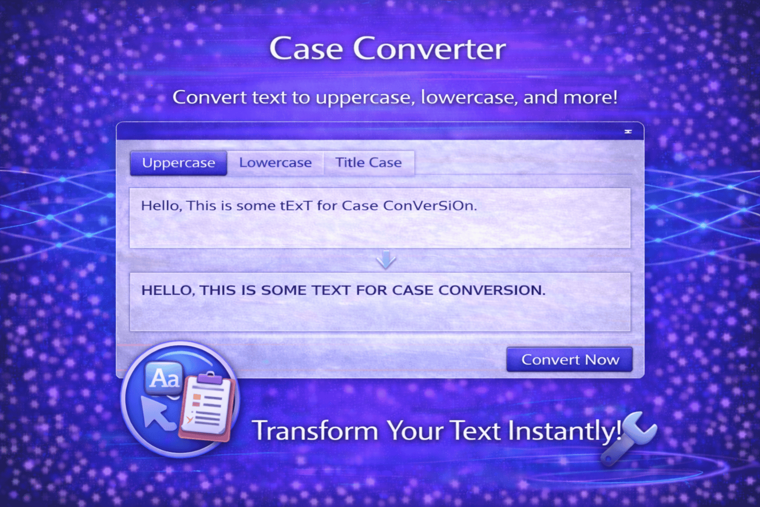 Case Converter tool interface showing text input and output fields with options for uppercase, lowercase, and title case conversion on a purple digital background.
