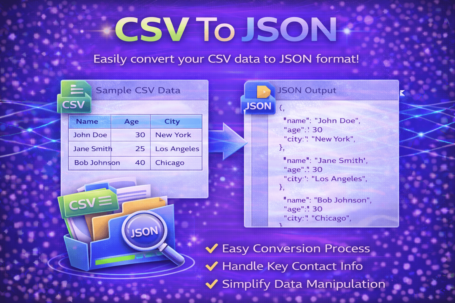 CSV to JSON Converter tool transforming CSV data tables into structured JSON format.