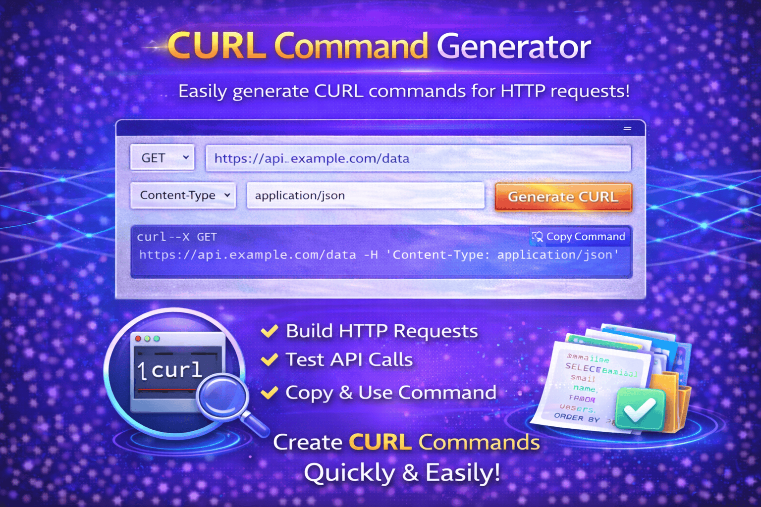 cURL Command Generator tool creating API request commands with customizable parameters and headers.