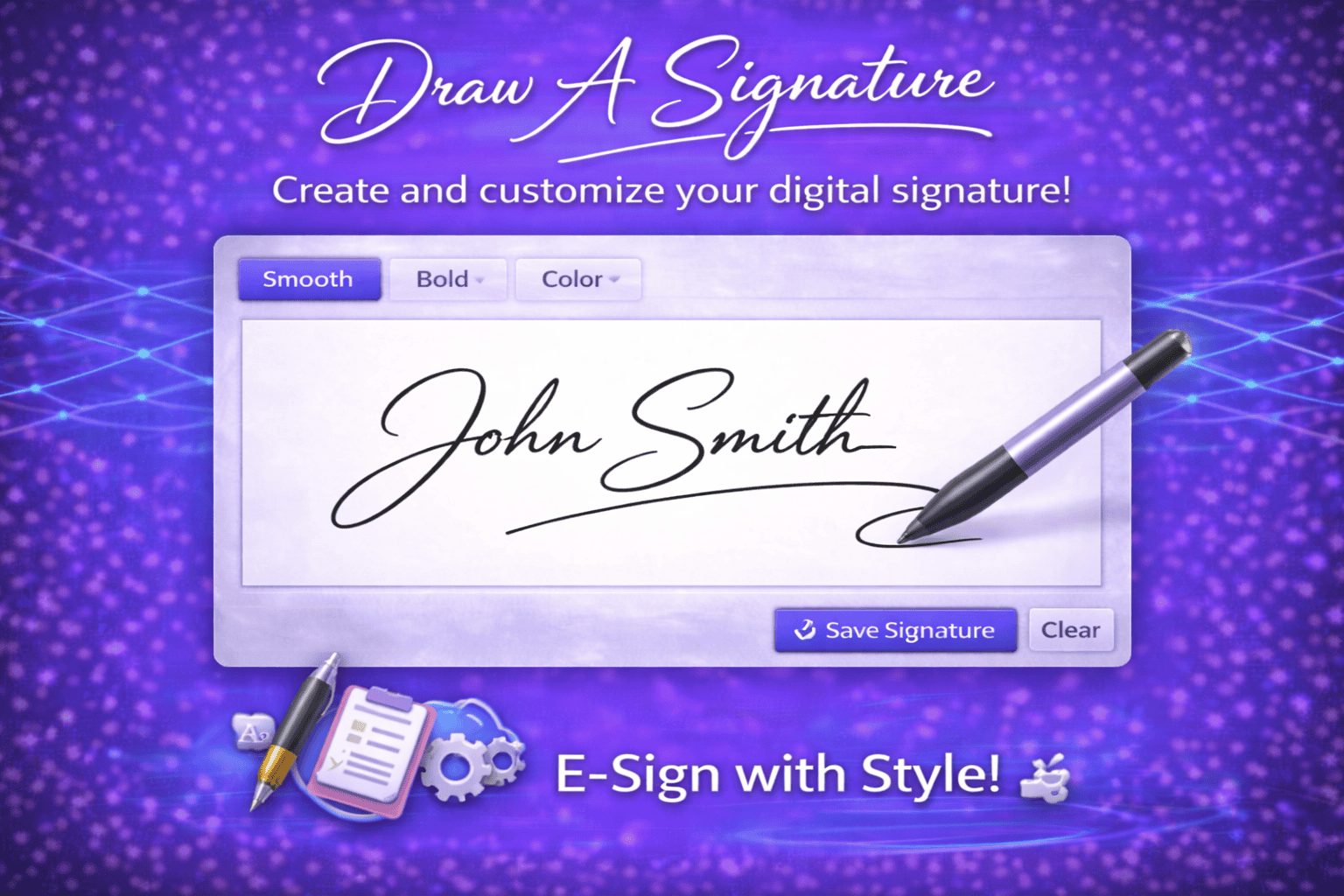 Draw A Signature tool interface showing a digital signature pad with a sample handwritten signature, customization options, and save/clear buttons on a purple glowing background.