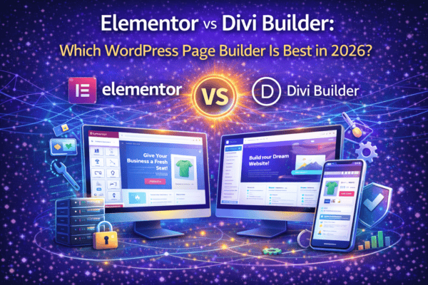 Elementor vs Divi Builder 2026 comparison showing WordPress page builder interfaces, features, design tools, and performance icons.
