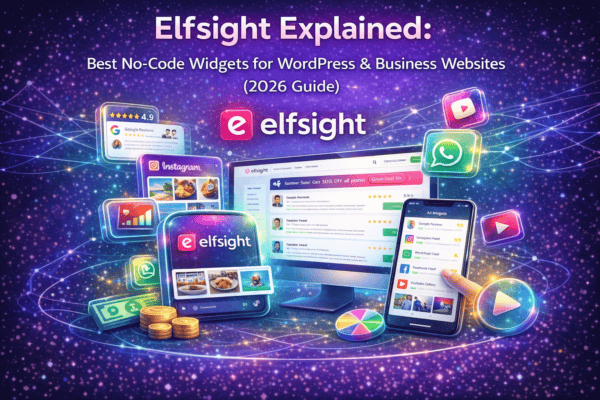 Elfsight Explained 2026 guide showing no-code WordPress widgets including reviews, social feeds, WhatsApp chat, and business website integrations.