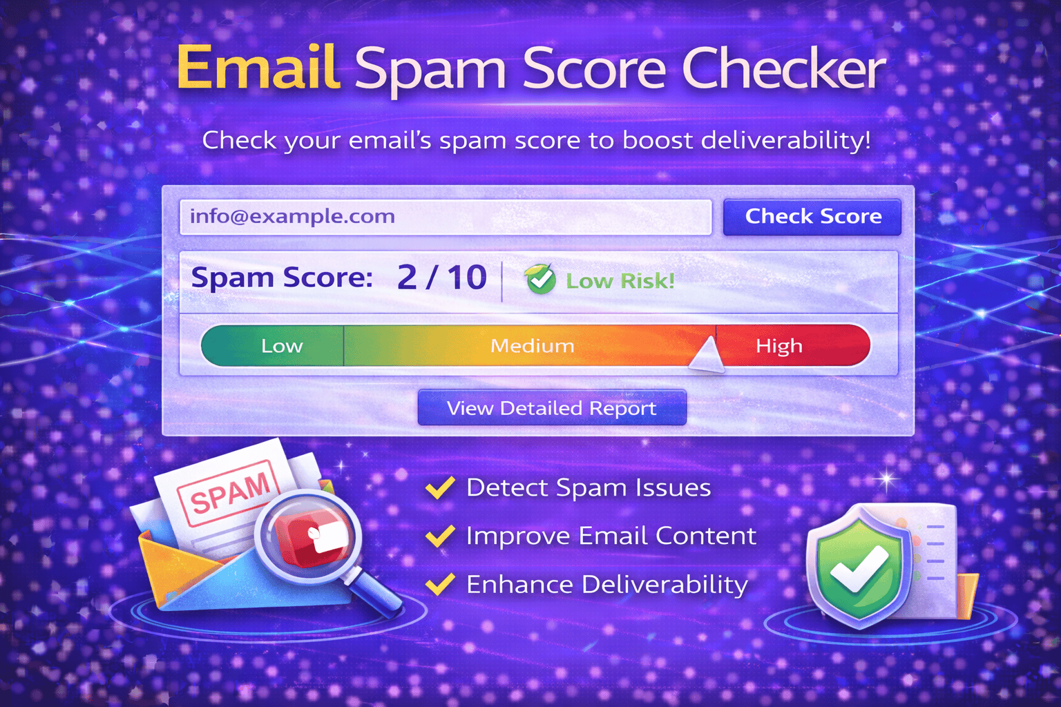 Email Spam Score Checker tool analyzing spam risk level and email deliverability score.