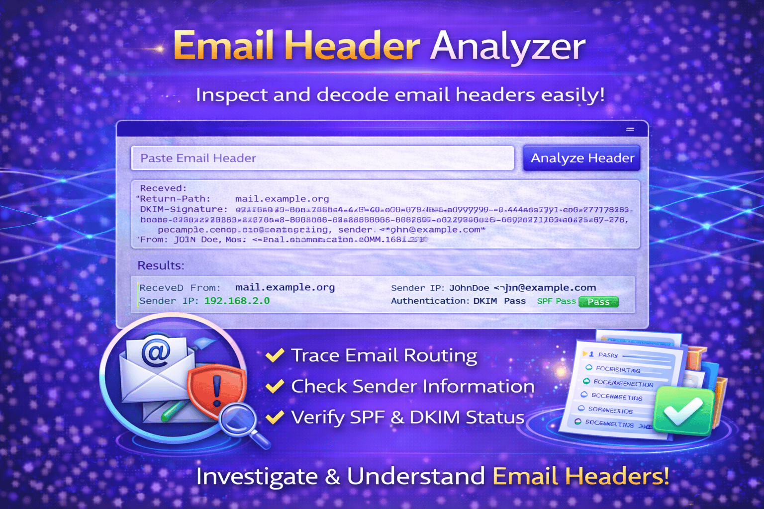Email Header Analyzer tool displaying email routing details, SPF, DKIM, and server authentication results.