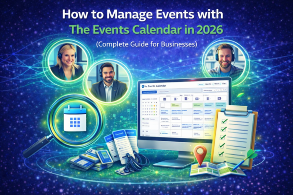 How to manage events with The Events Calendar plugin in 2026 complete guide for businesses featuring calendar dashboard, event tickets, and checklist illustration.