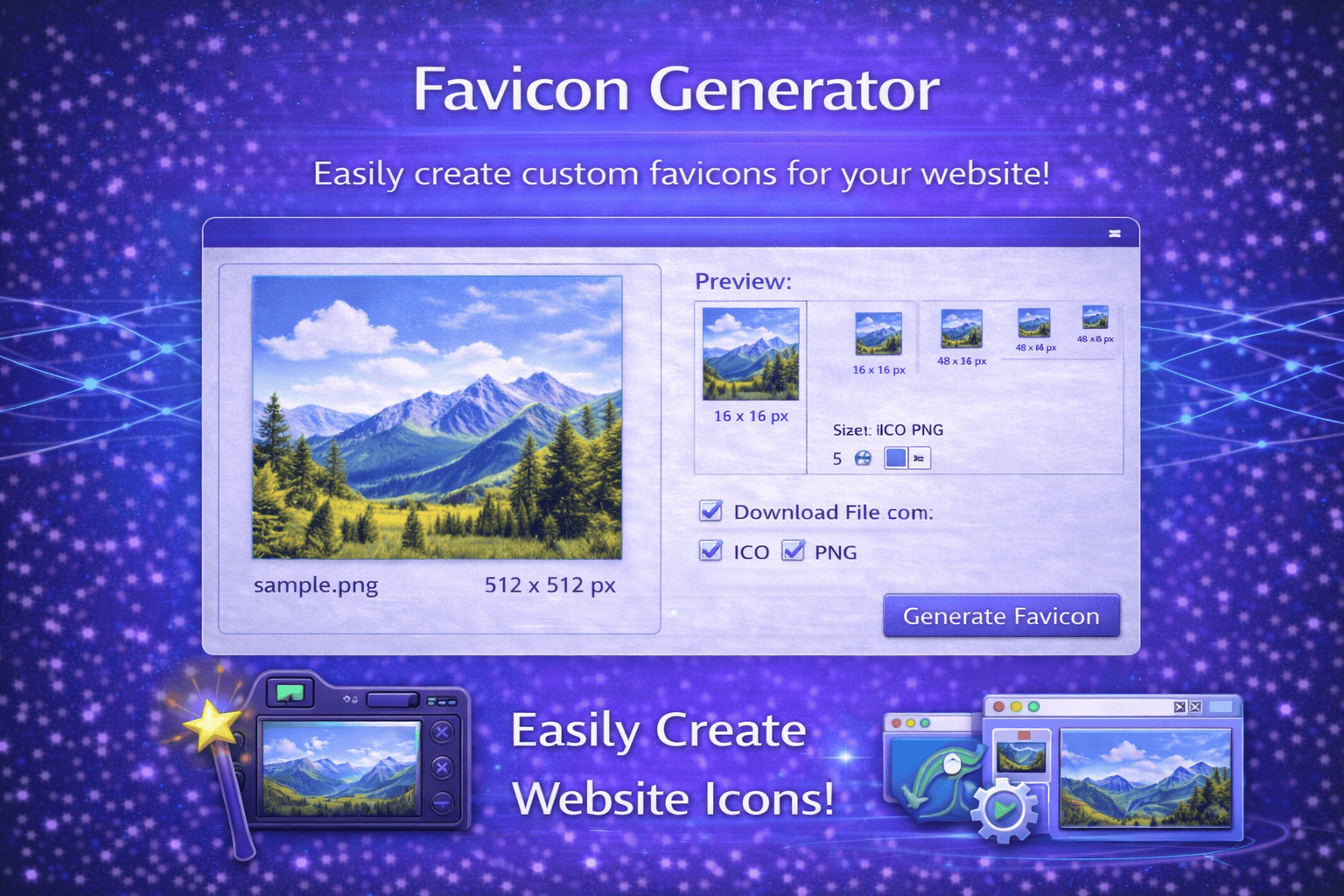 Favicon Generator tool interface in a blue and purple gradient design showing a 512x512 image upload preview, multiple favicon size previews (16x16, 48x48, etc.), ICO and PNG download options, and a “Generate Favicon” button.