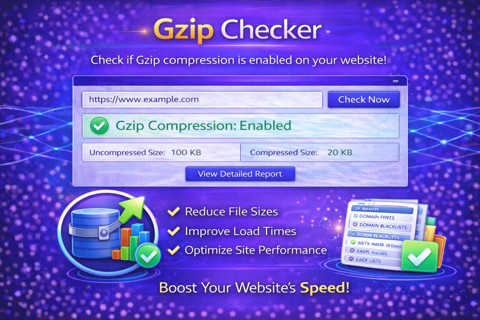 Gzip Checker tool verifying website compression status and comparing compressed vs uncompressed file size.