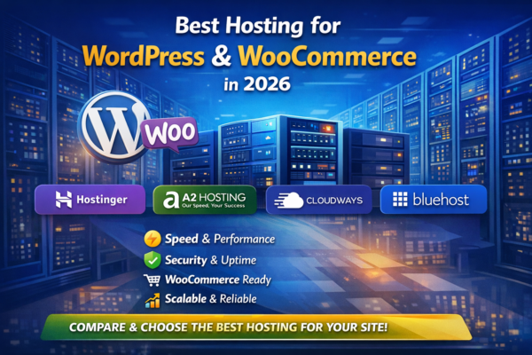 Best Hosting for WordPress & WooCommerce in 2026 banner featuring Hostinger, A2 Hosting, Cloudways, and Bluehost logos with icons highlighting speed, security, scalability, and WooCommerce readiness.