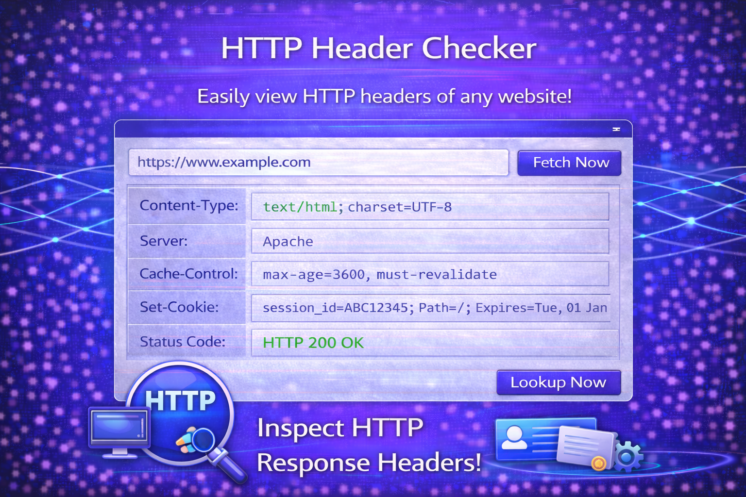 HTTP Header Checker tool interface in a blue and purple gradient design showing a website URL input field, HTTP response headers (Content-Type, Server, Cache-Control, Set-Cookie), status code HTTP 200 OK, and a “Fetch Now” button.