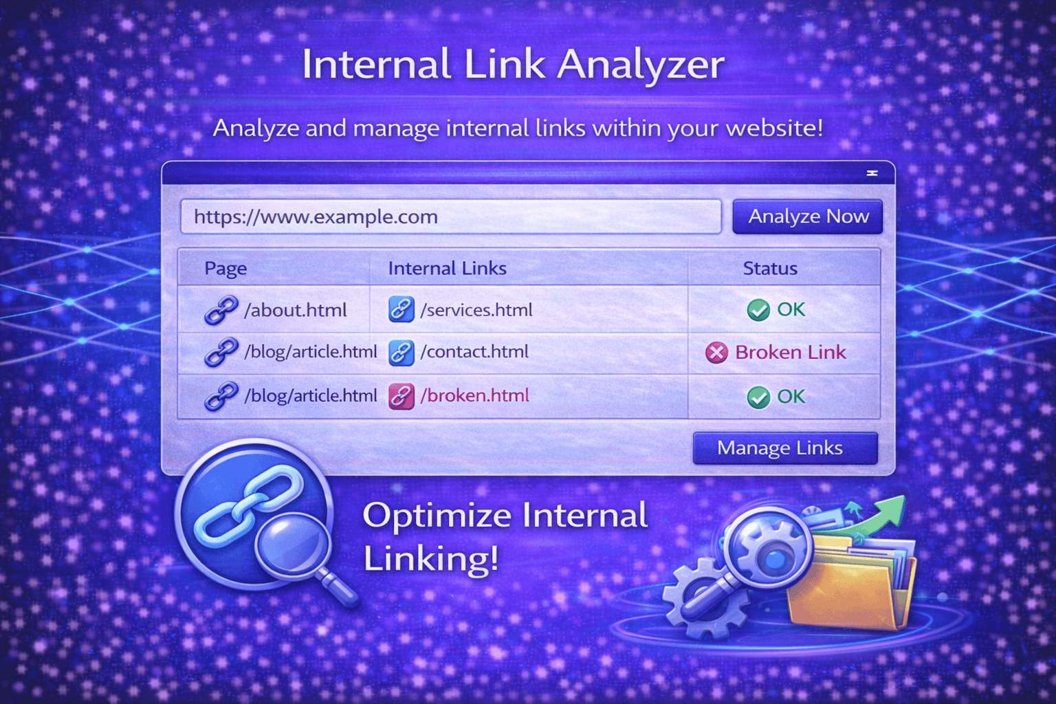 Internal Link Analyzer tool interface showing internal links, anchor text details, and SEO analysis dashboard.