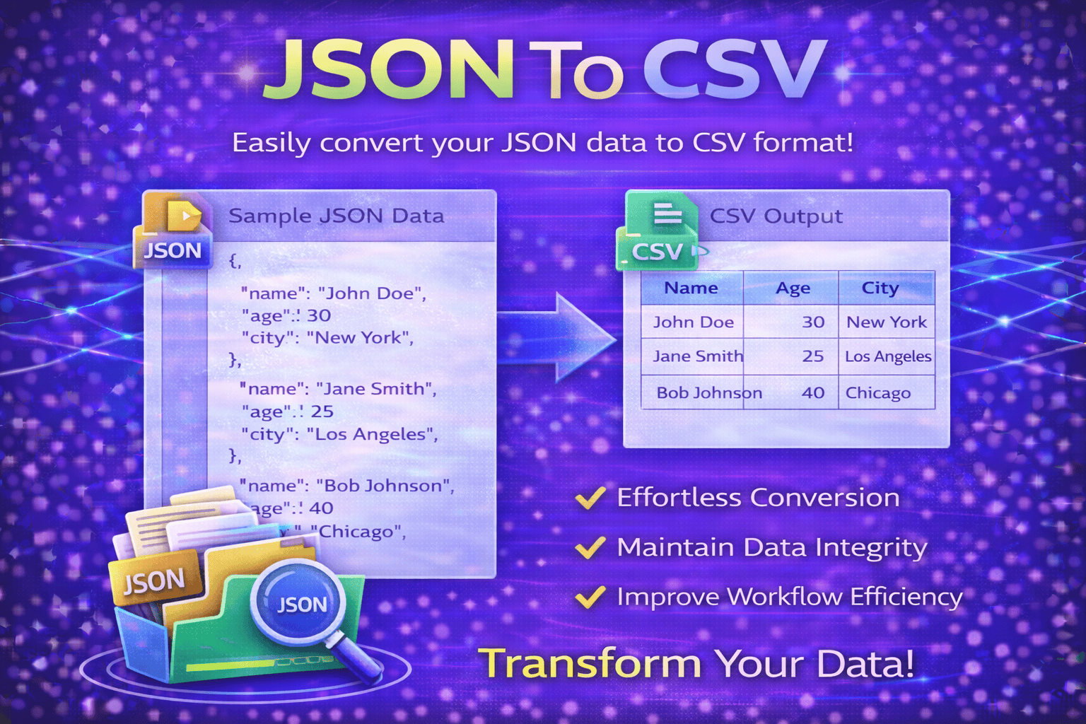 JSON to CSV Converter tool converting structured JSON data into downloadable CSV format.