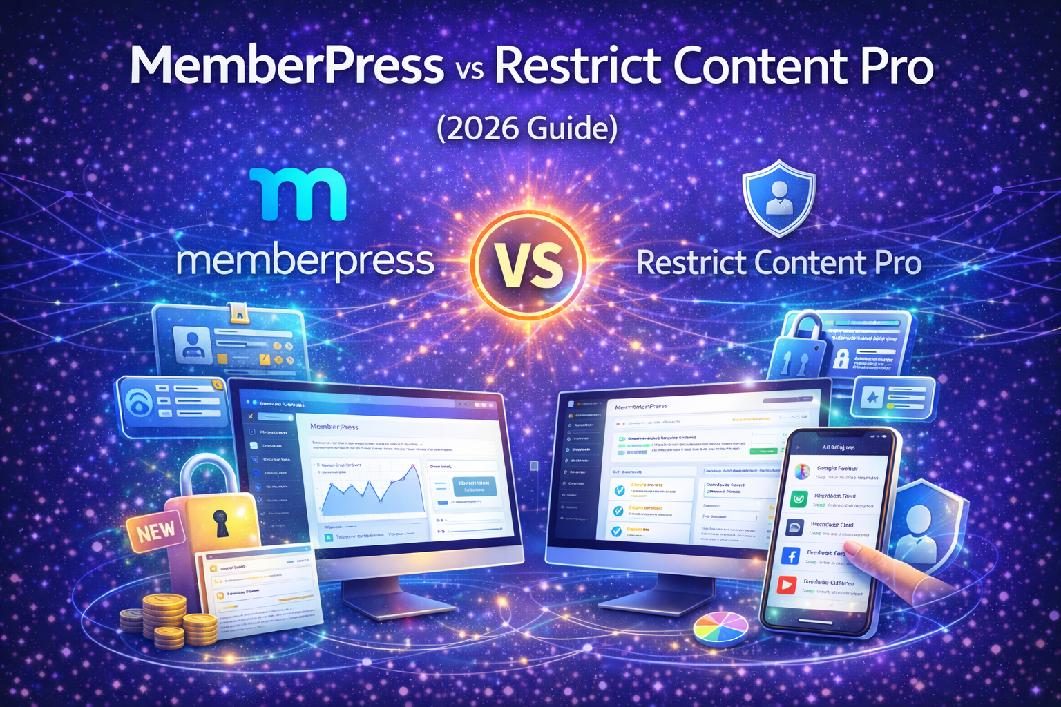 MemberPress vs Restrict Content Pro 2026 comparison guide showing WordPress membership dashboards, features, pricing, and security icons.