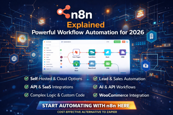 n8n automation banner showing workflow nodes and integrations, highlighting self-hosted and cloud options, API connections, AI workflows, and WooCommerce automation for businesses in 2026.