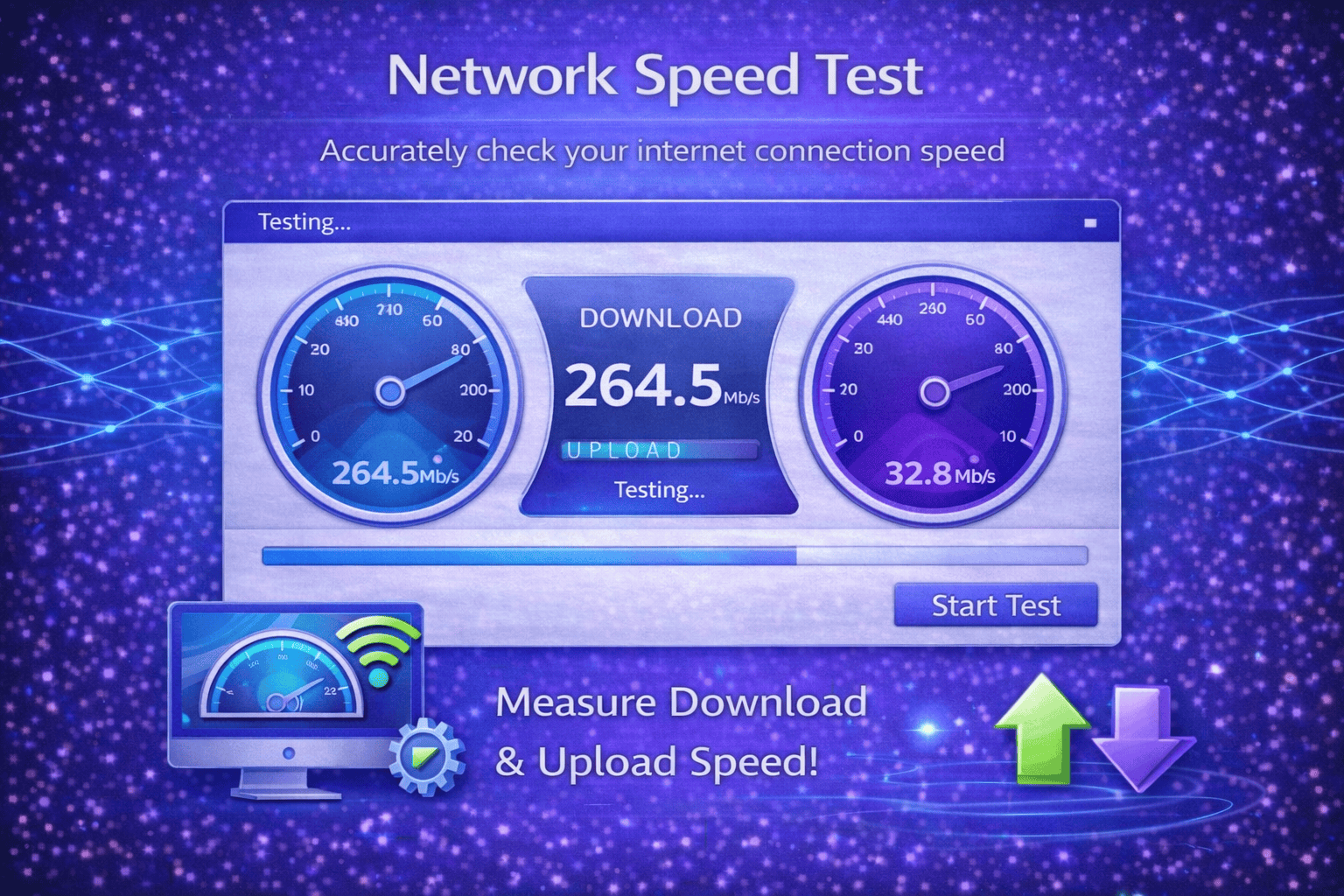 Network Speed Test tool interface in a blue and purple gradient design showing download and upload speed meters with a modern dashboard layout and “Start Test” button.