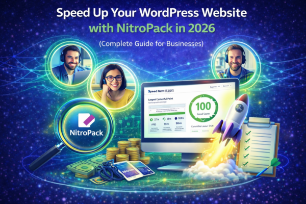 Speed up your WordPress website with NitroPack in 2026 illustration showing performance dashboard with 100 score, rocket launch, checklist, and website optimization concept.