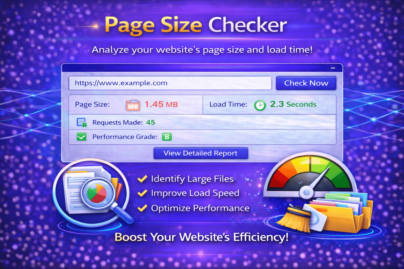 Page Size Checker tool measuring website page size, load time, and resource breakdown.