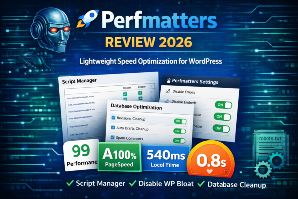 Perfmatters Review 2026 promotional banner showing WordPress speed optimization dashboard, script manager, database cleanup settings, and performance score badges.