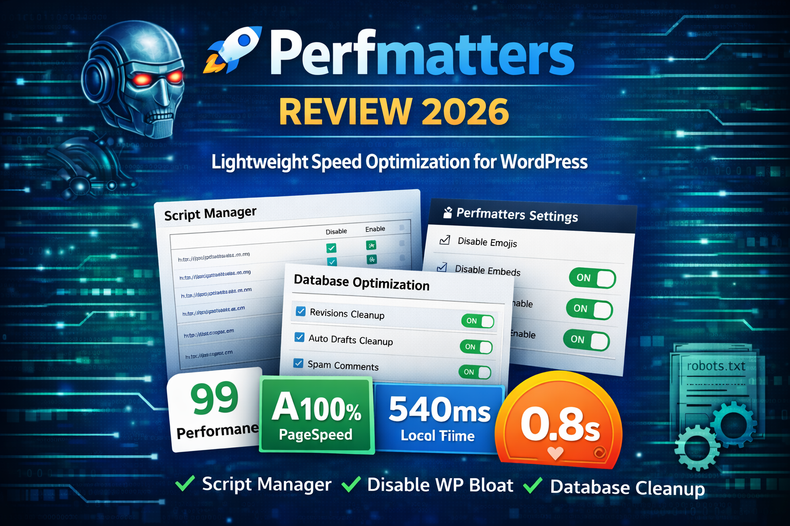 Perfmatters Review 2026 promotional banner showing WordPress speed optimization dashboard, script manager, database cleanup settings, and performance score badges.