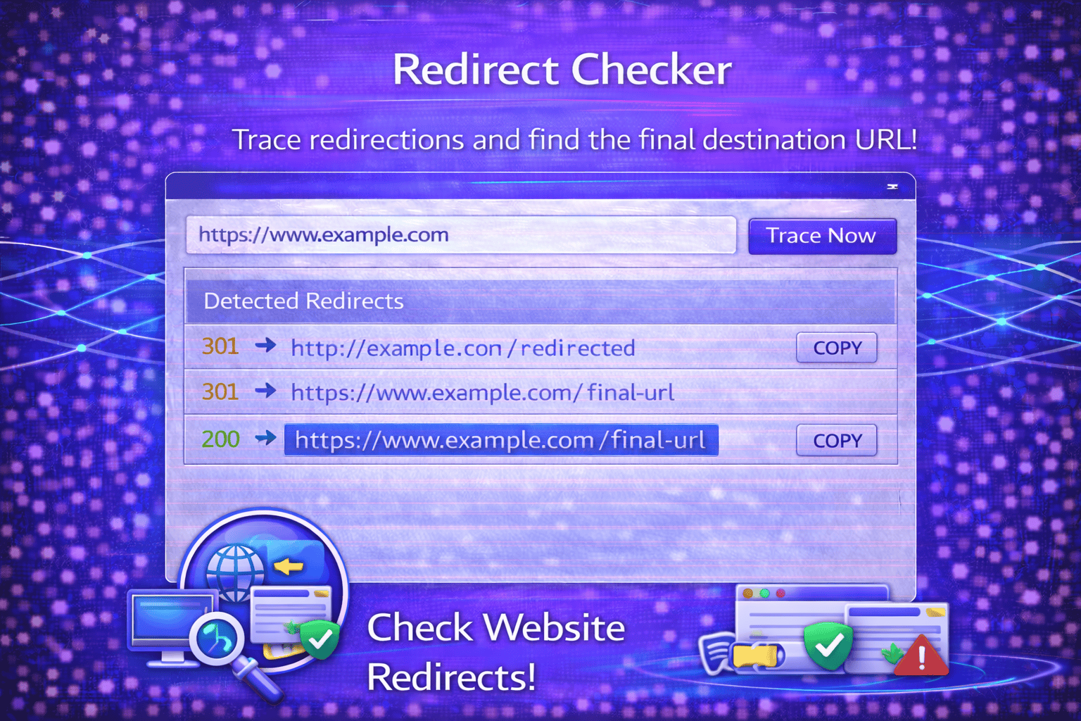Redirect Checker tool interface in a blue and purple gradient design showing a website URL input field, detected 301 redirects, final destination URL with 200 status, copy buttons, and a “Trace Now” button for checking website redirects.