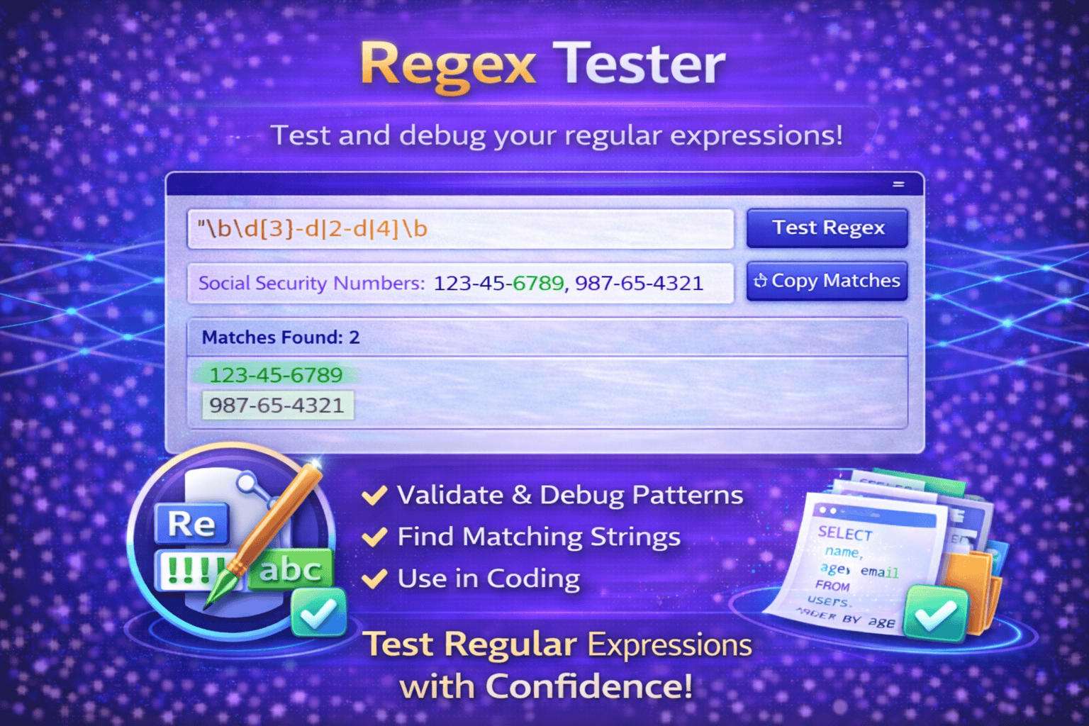 Regex Tester tool interface testing regular expressions with match highlights and pattern validation.