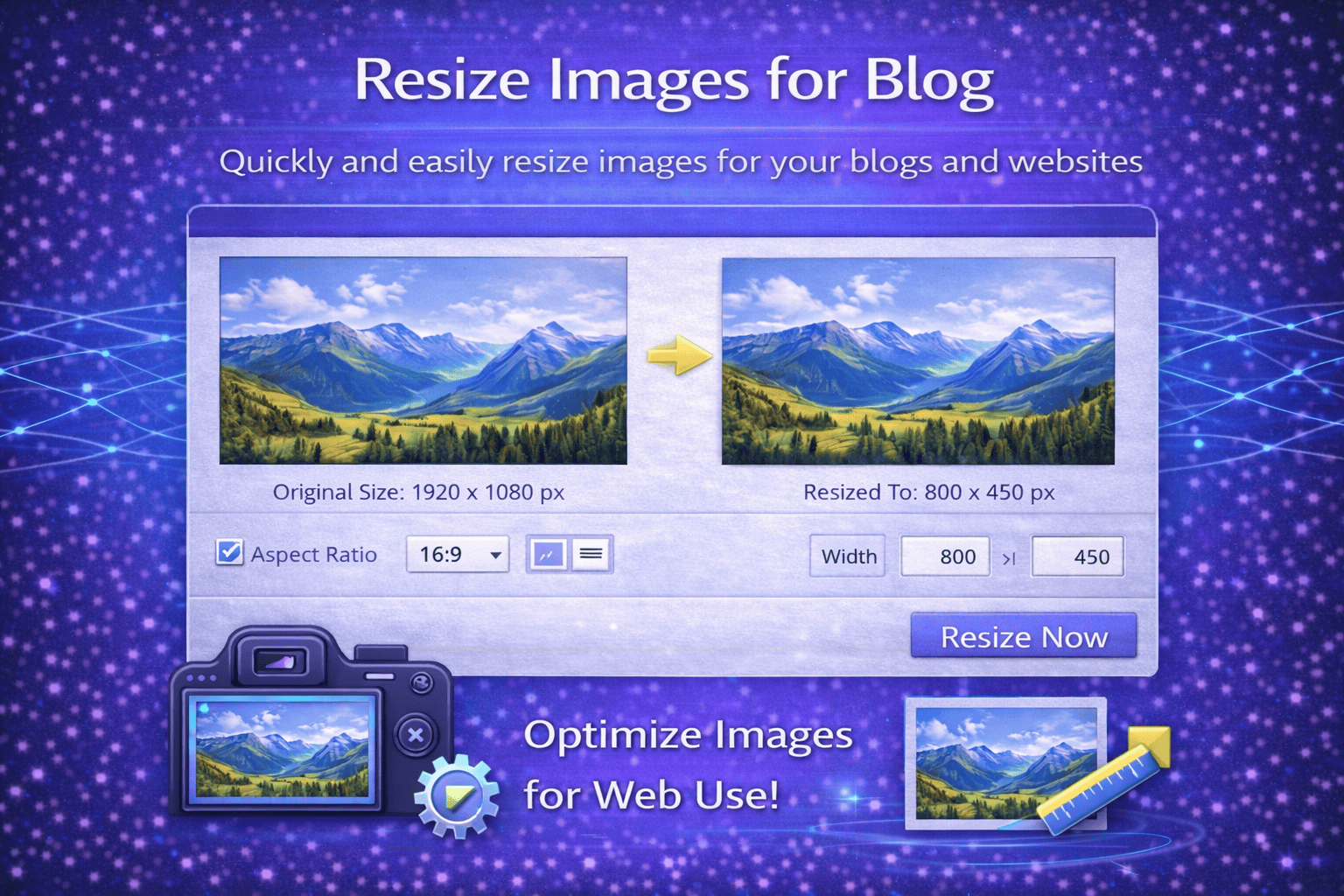 Resize Images for Blog tool interface in a blue and purple gradient design showing original and resized image comparison, dimension settings, aspect ratio option, and a “Resize Now” button for web optimization.